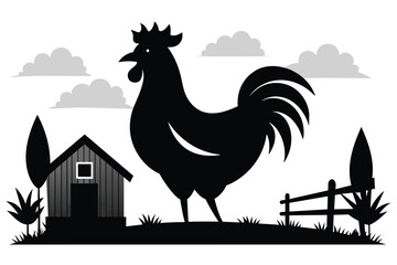 Solid color Rooster On Farm Silhouette vector design