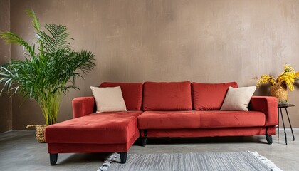 Red modular corner sofa against blank brown stucco wall with copy space. Loft interior design of modern living room, home.