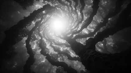 Black and white photo - Halloween - spooky and scary tree - extreme low angle shot - moonlight - Powered by Adobe
