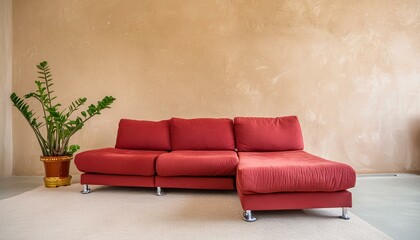Red modular corner sofa against blank brown stucco wall with copy space. Loft interior design of modern living room, home.
