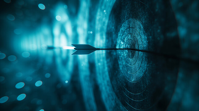 many blue targets and three arrows reaching the center of the first one, fading from blue to white blur effect, horizontal format banner. Strategic marketing or business competitive advantage concept.