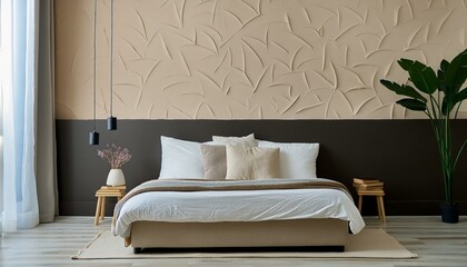 Minimalist interior design of modern bedroom with beige stucco wall.