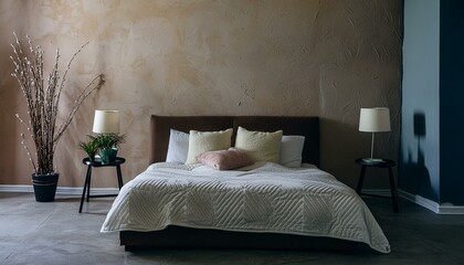 Minimalist interior design of modern bedroom with beige stucco wall.