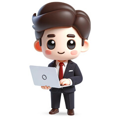 A 3D cute illustration of a young businessman character with a laptop