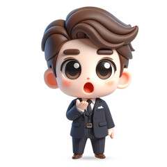 A 3D cute illustration of a young businessman character acting surprised