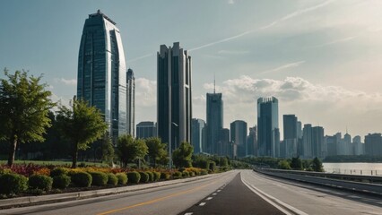 Fototapeta premium view of highway with lake park and modern city