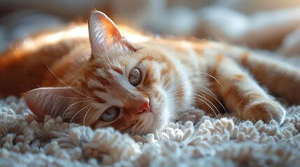 A ginger cat is lying on a white carpet. The cat has its eyes open and is looking at the camera. The cat's fur is short and well-groomed. The background of the image is blurry. - Powered by Adobe