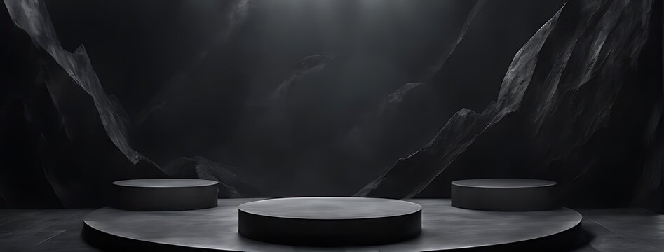  Podium black dark smoke background product platform abstract stage texture fog spotlight. Dark black floor podium dramatic empty night room table concrete wall scene place display studio smoky dust 