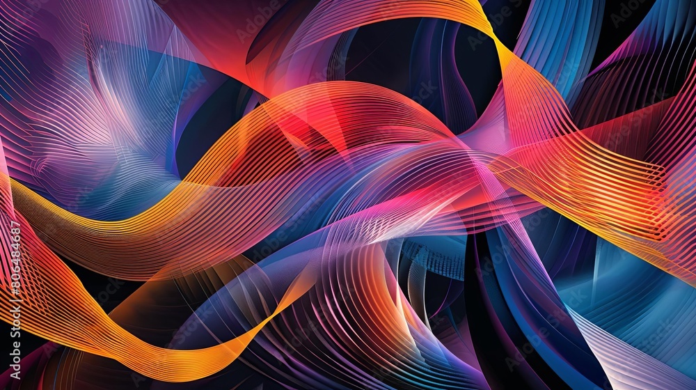 Poster interaction between straight and curved lines, with a red line on the left and a blue line on the ri