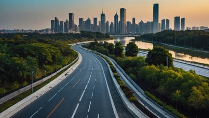 Obraz premium view of highway with lake park and modern city
