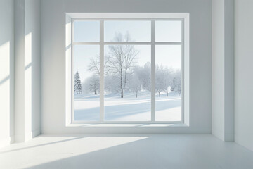 Fototapeta premium empty room in white color with winter landscape in window. Scandinavian interior design.