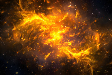 Radiant neon galaxy with yellow and orange celestial patterns. Exquisite artwork on black background.