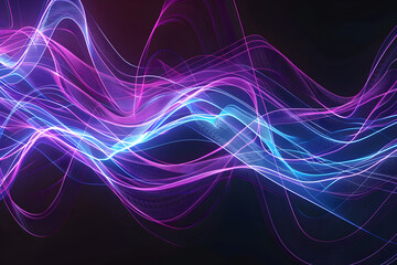 Energetic neon waves with blue and purple glowing lines. Captivating artwork on black background.