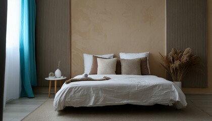 Fototapeta na wymiar Minimalist interior design of modern bedroom with beige stucco wall.