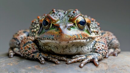 A big toad, frog, basic grey background