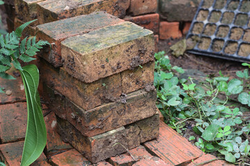 Batu bata or red brick, main component to build a house or building. Selective focus.