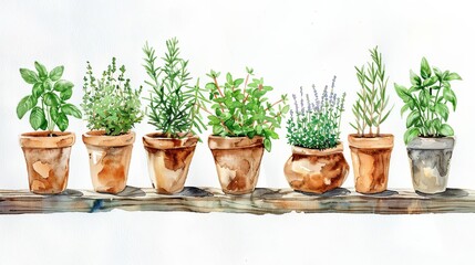 Craft an enchanting watercolor scene depicting a row of potted herbs arranged neatly on a wooden shelf, with a serene white background, inspired by the whimsical essence of cottagecore