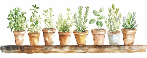 A charming watercolor painting featuring a row of potted herbs arranged on a wooden shelf, set against a white background, capturing the essence of cottagecore aesthetics