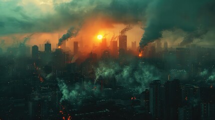 A dark, dystopian cityscape with towering skyscrapers and billowing smoke. The sky is a deep orange, and the sun is setting. The city is in ruins, and there are no people visible.