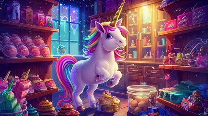 Create a digital painting of a plump unicorn struggling to reach a high shelf for a tasty treat