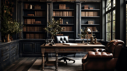 An elegant home office with a vintage desk and leather chair.