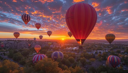 Fototapeta premium A beautiful sunrise over a city. The sky is a vibrant orange and the clouds are a light pink. There are hot air balloons floating in the sky. The scene is peaceful and serene.