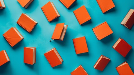 Books with an orange cover fly on a blue background. generative ai