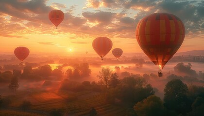 Obraz premium A beautiful sunrise over a valley with hot air balloons floating in the sky