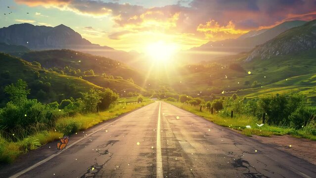empty long mountain road to the horizon on a sunny day. seamless looping overlay 4k virtual video animation background