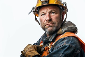 Fototapeta premium A Caucasian male construction worker, donned in uniform and helmet, smiles against a white isolated background.