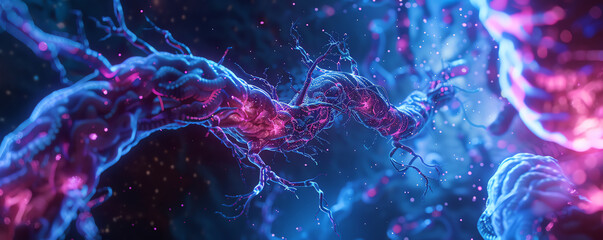 An artistic 3D visualization of human intestines, glowing with a neon blue light, focusing on the detailed structure of the bowels