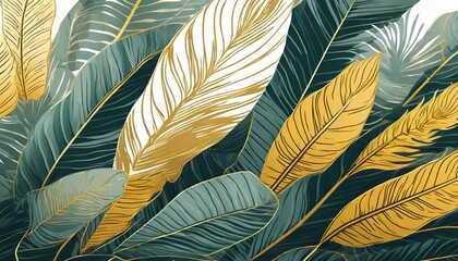 Luxury gold tropical leaves background. Wallpaper design with golden line art texture from palm leaves, Jungle leaves, monstera