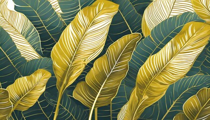 Luxury gold and nature green background. Floral pattern, Golden split leaf Philodendron plant