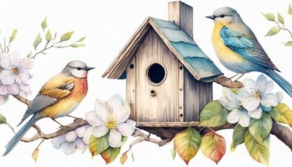 A bird house placed on a blooming apple branch and a pair of the birds hand drawn in watercolor isolated on a white background. Watercolor illustration. Apple blossom. Spring watercolor illustration