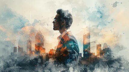 The watercolor painting shows a man standing tall in the city. He is wearing a suit and looking confident. The colors are vibrant and the brushstrokes are loose.