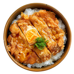 Top view of a traditional Japanese Katsudon, pork cutlet over rice, in a bowl isolated on a white background