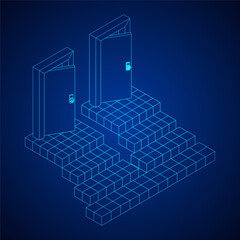 Stairway path to open door. Steps leading into the future concept. Wireframe low poly mesh vector illustration