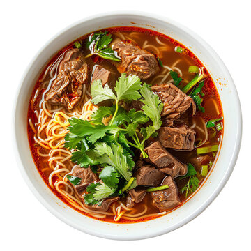 A bowl of Thai noodle soup with beef and fresh herbs, top view, steaming and inviting, isolated on a white background