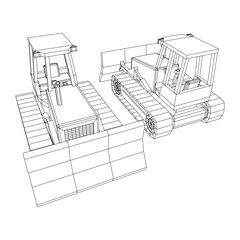 Big front-end loader bulldozer. Heavy equipment machine and manufacturing equipment for mining. Wireframe low poly mesh vector illustration.