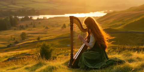 Emerald Isle concept. Portrait of beautiful red-haired young woman playing musical instrument - Celtic harp - on the hill of Ireland. Golden hour. Rustic style. Text space. Outdoor shot