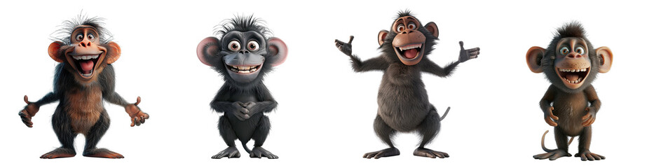 Set of 3D cute happy cartoon monkey baboon, isolated on white background, png