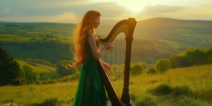 Emerald Isle concept. Portrait of beautiful red-haired young woman playing musical instrument - Celtic harp - on the hill of Ireland. Golden hour. Rustic style. Text space. Outdoor shot