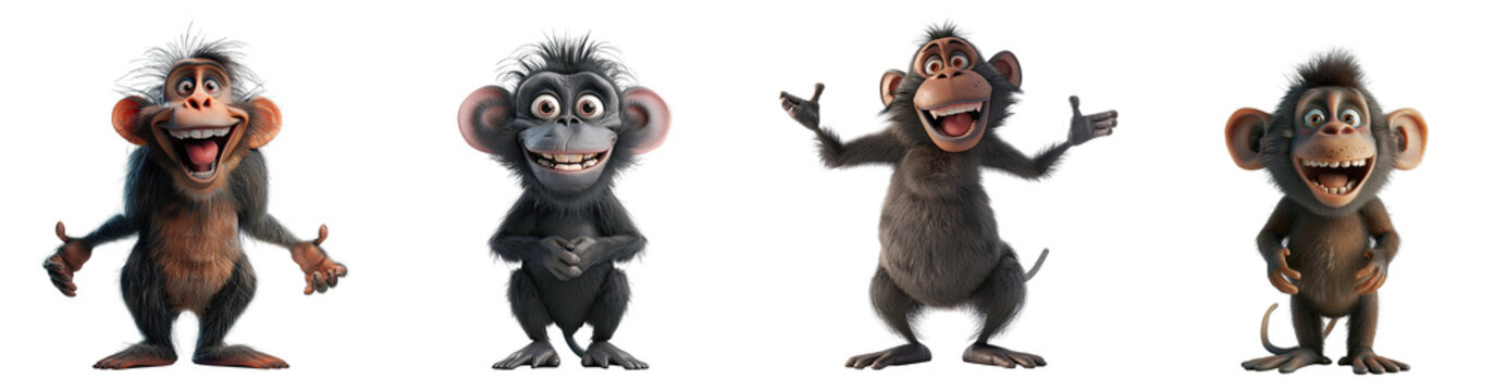 Set of 3D cute happy cartoon monkey baboon, isolated on white background, png