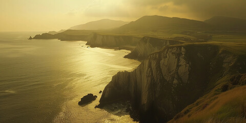 Emerald Isle concept. Beautiful view to the sea and cliffs of Ireland. Golden hour. Outdoor shot