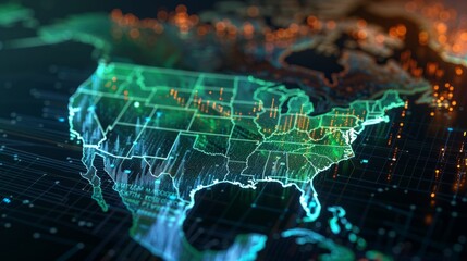 A digital visualization of a global data network featuring financial charts and graphs with a glowing world map, signifying the interconnected nature of global economics and data flow. Business.