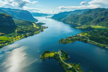 Aerial view of the beautiful Norwegian fjord surrounded by green mountains and fields, blue water flowing into it.