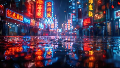 A dark and rainy street in a Chinese city. The neon lights of the signs are reflected in the wet pavement.