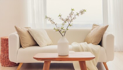 vase with blossom twig on wooden coffee table near white sofa with pillows against window. minimalist scandinavian home interior design of modern living room
