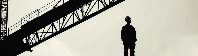 Isolated engineer beneath a towering crane, framed against a clear sky and expansive negative space, conveying minimalism
