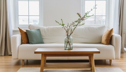 vase with blossom twig on wooden coffee table near white sofa with pillows against window. minimalist scandinavian home interior design of modern living room